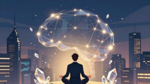 Руководитель в позе лотоса в футуристичном интерьере как медитация руководителей для борьбы с выгоранием